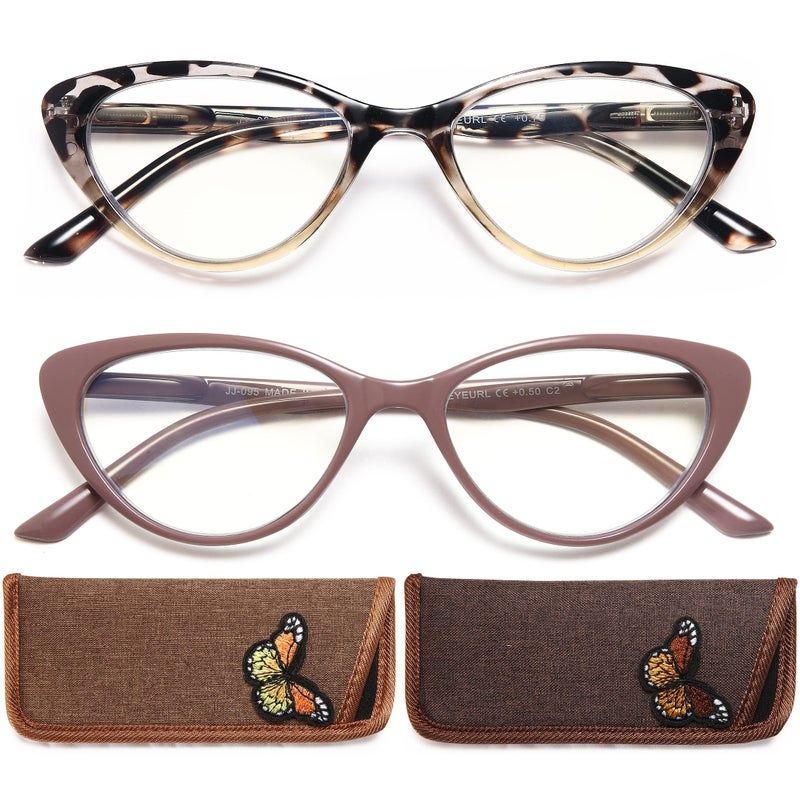EYEURL Cat Eye Reading Glasses for Women 2 Pair Blue Light Blocking Readers 175 Comfort Spring Hinge Lightweight Eyeglasses Anti Glare for Ladies